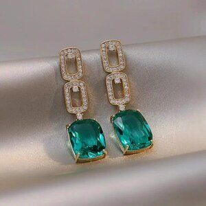Art Deco Style Faux Emerald and Rhinestone Drop Earrings